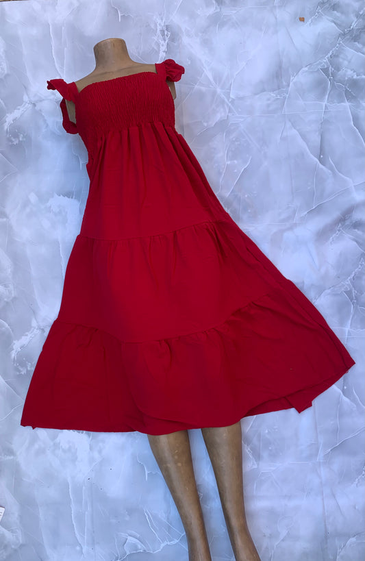 Vestido midi de lino liso con volantes y falda por capas