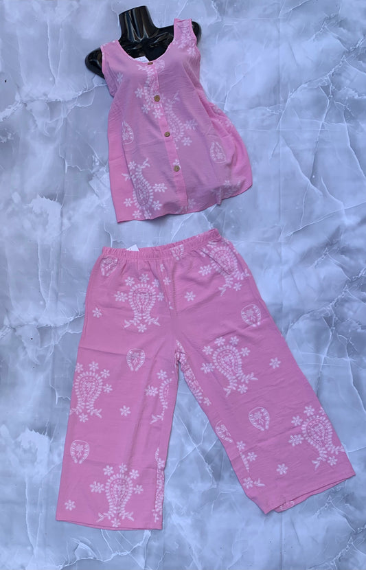 Conjunto de verano lino suave estampado paisley — top sin mangas + pantalón
