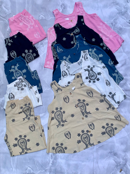 Conjunto de verano lino suave estampado paisley — top sin mangas + pantalón
